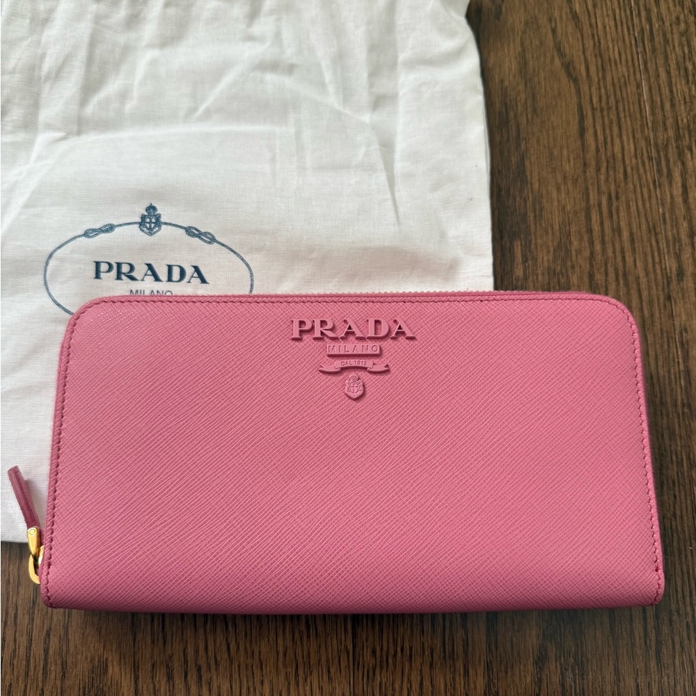 PRADA 1ML506 Logo Saffiano Shine Zip Around Long Wallet Begonia Pink Leather